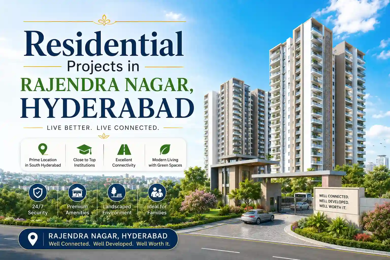 Residential skyline of Rajendra Nagar and Hyderabad with luxury apartments, villas, and green surroundings near ORR and Financial District
