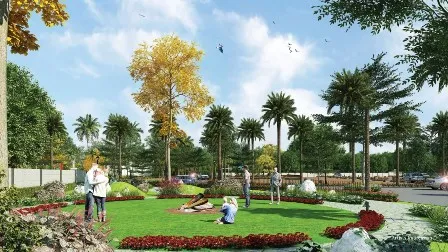 Landscaped gardens and walkways at Prestige Plots Pulimamidi